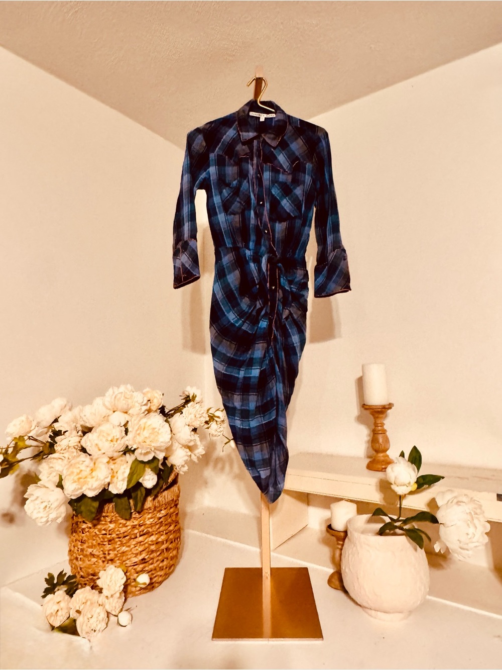 Veronica Beard Blue Plaid Button-Front Midi Dress